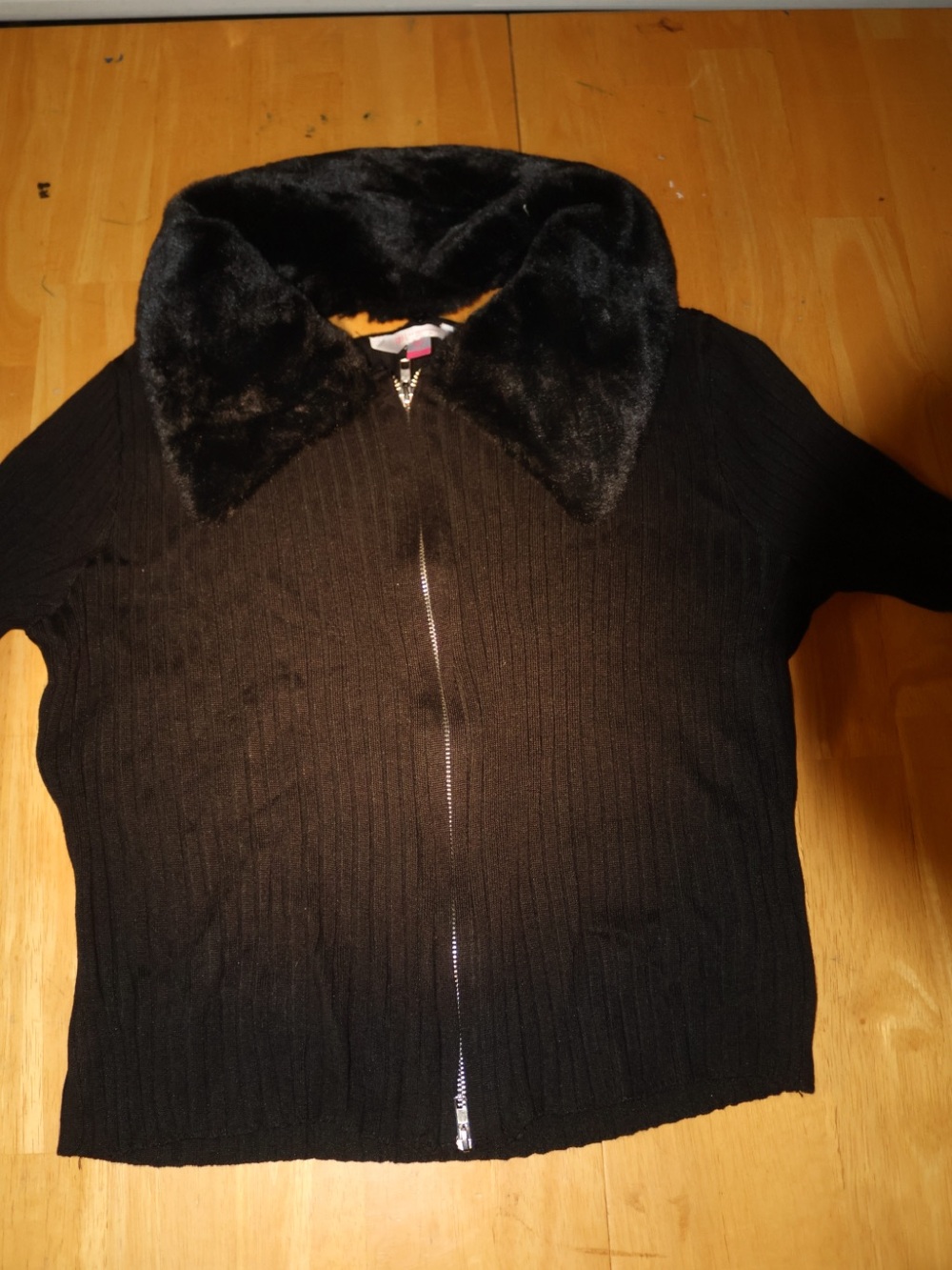 No Boundaries Black Ribbed Zip-Up Jacket with Faux Fur Collar